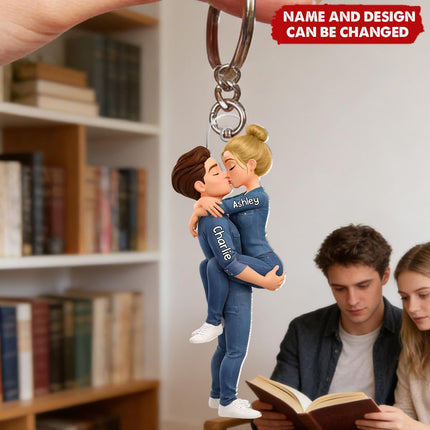 Kissing Couple - Personalized Keychain, Gift For Couple, Custom Name Couple Hugging Kissing Keyring For Anniversary, Husband Wife Valentine Charm, Relationship Keepsake, Wedding Present For Him Her