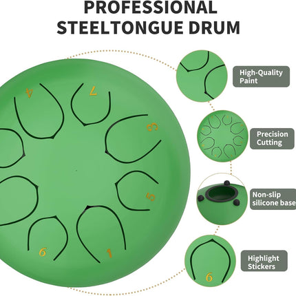 Steel Tongue Drum 6 Inch 8 Note Rain Drum – Outdoor Percussion Instrument with Mallets, Music Book & Soft Carry Pouch – Beginner Handpan Music Gift