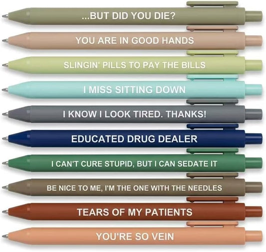 SourcetoHome 10 Pack Nurse Pens Gift Set, Aesthetic Nursing Essentials, Funny Nurse Appreciation Gift for Nurse Week, Work & Graduation, Retractable Black Gel Ink Pens for CNAs, RNs & Women Nursing Students - General - front view