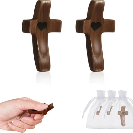 Brevynx 2 Pcs Pocket Wooden Cross Fidget - Cross My Heart with Organza Bags - Stress Relief Fidget for Christian, Religious Christian Easter Day