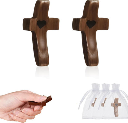 2 Pcs Pocket Wooden Cross Fidget - Cross My Heart with Organza Bags - Stress Relief Fidget for Christian, Religious