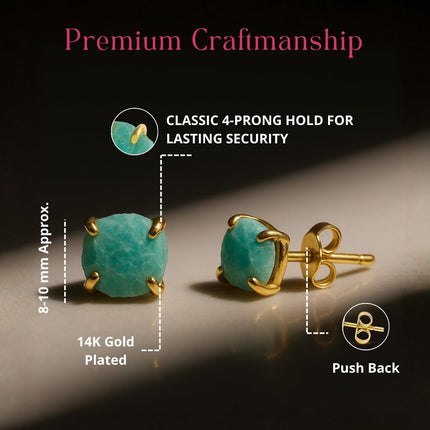 Gempires Natural Raw Gemstone Stud Earrings for Women | Handmade Raw Crystal Prong Setting Earrings | Hypoallergenic Gold Plated Minimal Studs | Unique Gift Jewelry for Her (Multiple Gemstone Options)