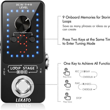 LEKATO Looper Guitar Pedal Guitar Loop Pedal Tuner Pedal 9 Loops 40 Minutes Record Time Unlimited Overdubs for Electric Guitar Bass (Black)