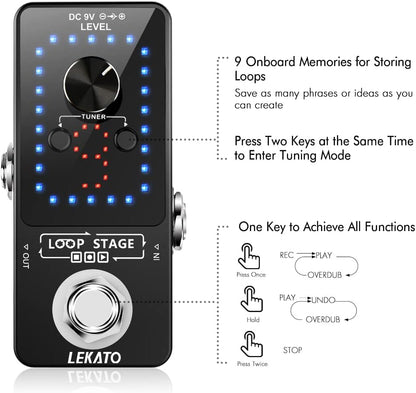 Black Guitar Looper Pedal with Tuner, 9 Loops and 40 Minutes - photo 3