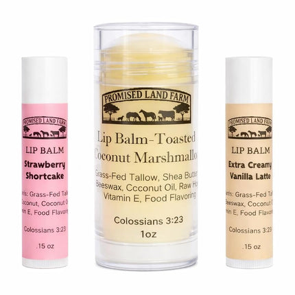 All-Natural Lip Balm Gift Set (3 Pack) -Grass-Fed Tallow, Shea Butter & Honey- Strawberry Shortcake, Toasted Coconut Marshmallow (1 oz), Vanilla Latte