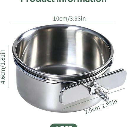 4pcs Stainless Steel Bird Food & Water Bowls with Clamp Holders - 3.9 * 1.7" Durable Cage Feeders for Parrots, Conures, Budgies, Parakeets, Lovebirds - Easy-Clean Pet Bird Feeding Cups