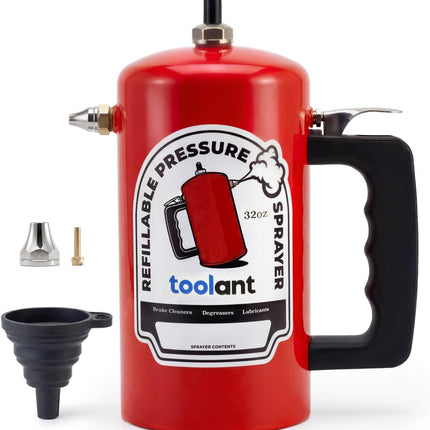toolant 32oz Refillable Pressurized Sprayer, Steel Canister, Rust-Resistant Lining, Needle Valve Leak-Resistant, Dual Nozzles 1.0/0.6mm, Funnel Included, 200 PSI Max, for Brake Cleaner & Solvents, Red
