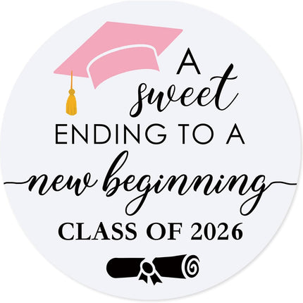 120 Pack Class of 2026 Graduation Stickers, A Sweet Ending to a New Beginning Round Thank You & Invitation Seals for Envelopes, Graduation Party Favor Decorations, Pink, 1.6 Inch