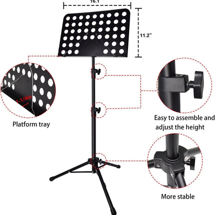 Sheet Music Stand with Light & Phone Holder, 57" Music Stand for Sheet Music High Stability, Height Adjustable Music Sheet Stand with Carrying Bag, Portable Music Book Holder (33-57inch)