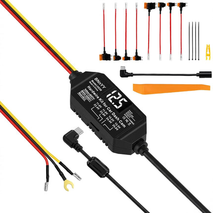 USB C Hardwire Kit for Dash Cam with Low Voltage Protection,Acc Detection,4-Level Adjustable Voltage (11.6V-12.5V)&Digital LED Voltmeter,3-Lead Cable for Dash Camera Parking Mode,Fuse Taps Included
