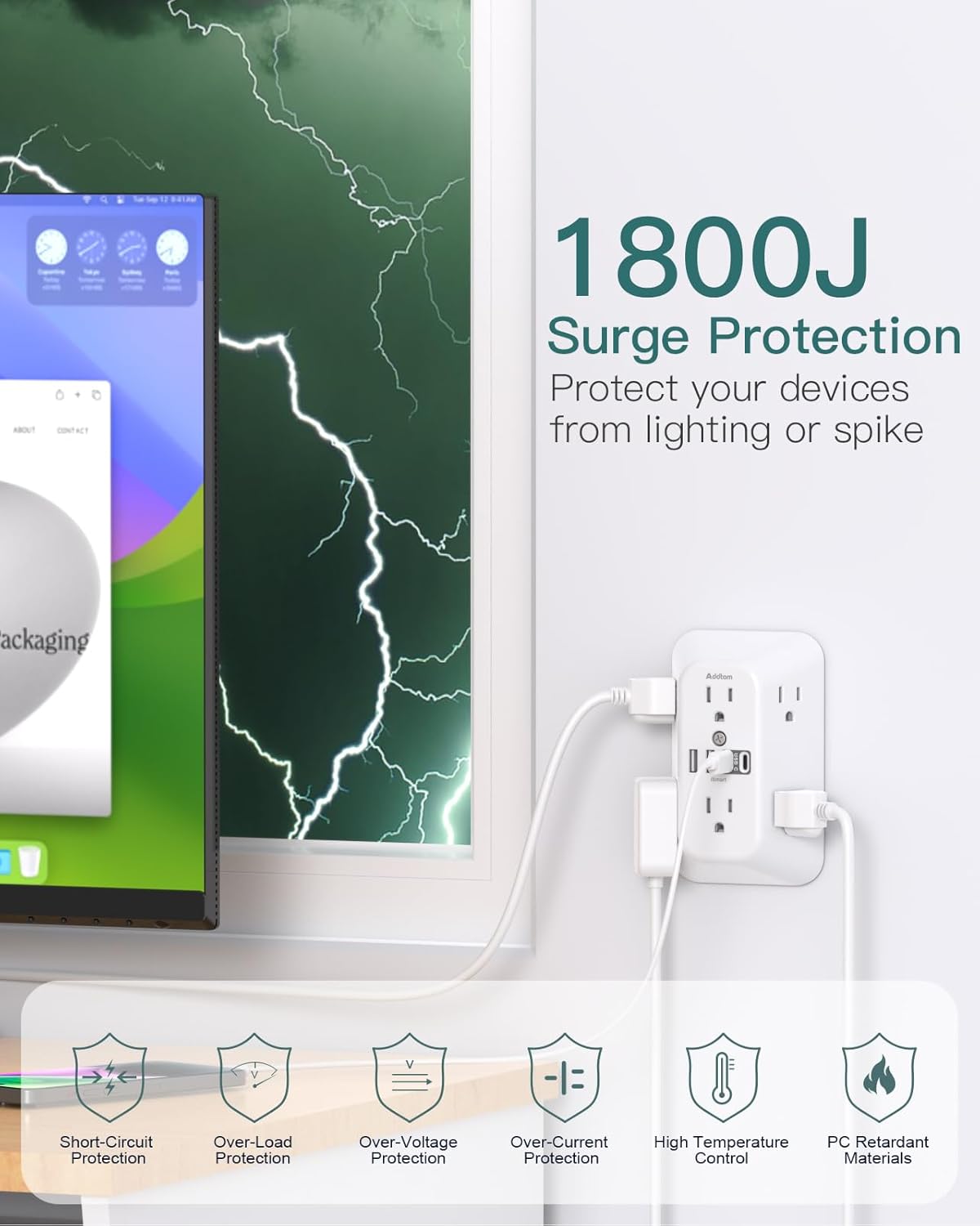6-Outlet Extender Surge Protector with 4 USB Wall Charger Ports, 1800J - photo 5
