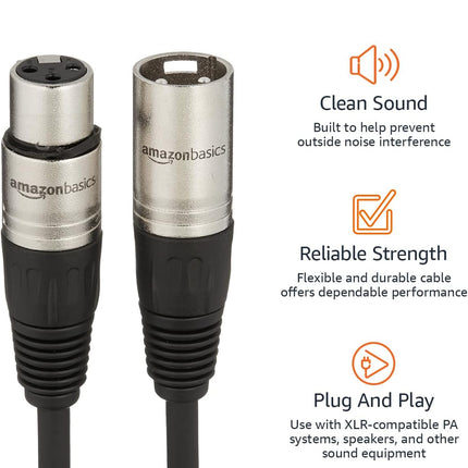 Amazon Basics XLR Male to Female Microphone Cable for Speaker or PA System, Recording Studio, All Copper Conductors, Low Noise Shielding, 6MM PVC Jacket, 6 Foot, Black