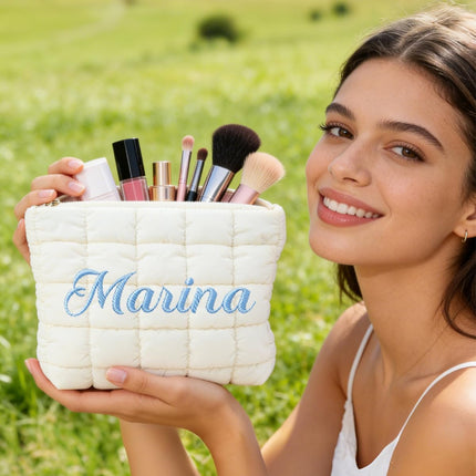 Personalized Embroidery Makeup Bag for Women, Cotton Fluffy Bubbles Bridesmaid Cosmetic Bags, Cute Aesthetic Toiletry Travel Pouchs Handbags Purse, Mother's Day, Christmas,Birthday Wedding Gifts
