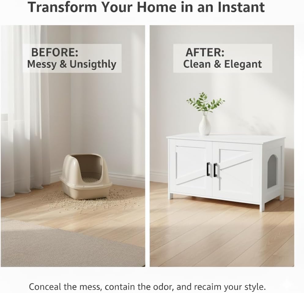 White Wooden Cat Litter Box Enclosure with Barn Door - photo 3