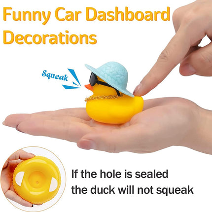 Car Duck Dashboard Decoration, Rubber Duck Car Ornament for Dashboard Decoration Accessories with Mini Bow Tie Gold Chain Straw Hat Sunglasses