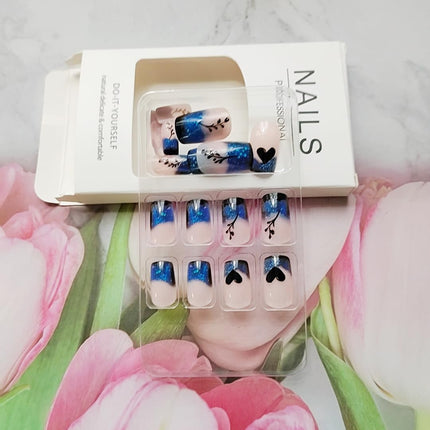 24 Pcs Blue Gradient French Tip Press on Nails Short Square Shaped False Nails Heart Love Pattern Designs Glitter Acrylic Fake Nails Full Cover Glossy Artificial Stick on Nail Women Nail Art DIY