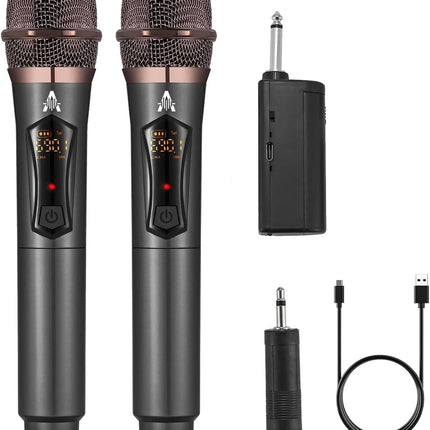 ALPOWL Wireless Microphones, Metal Dynamic Microphone System with Rechargeable Receiver, 50H Duration, 200ft Range, Microphone for Karaoke Singing, Wedding, DJ, Party, Speech, Church