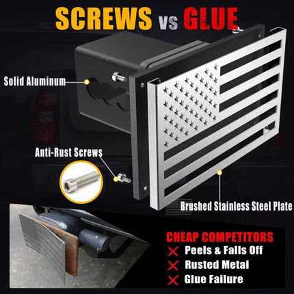 Synrroe Heavy Duty American Flag Hitch Cover for 2" Receivers - Brushed Stainless Steel Flag & Aluminum Base - Mechanically Fastened (Won't Rust or Peel) - with 5/8" Stainless Pin (Stainless Steel)