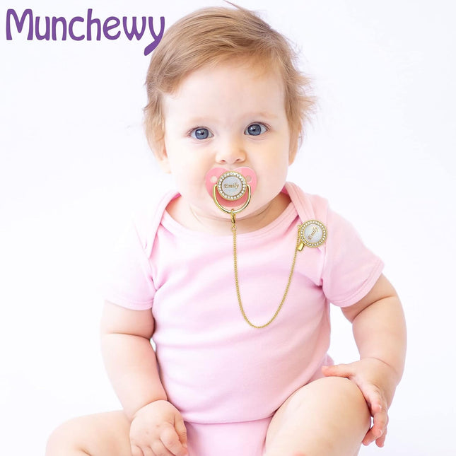 Personalized Pacifier with Name, Bling Gold Pacifier Clip Set with Gift Box Greeting Card, Glitter - photo 2