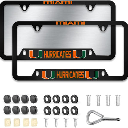 2 PCS Aluminum License Plate Frames for Miami Hurricanes,Metal Matte Black License Plate Holders for UM, Universal US Car License Plate Covers with Screws