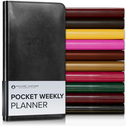 Gallery Leather Pocket Weekly Monthly Planner 2025-2026, Elegantly Bound Calendar Planner and Notebook with Stylish Gold-Gilded Page Edges, 12 Months - Acadia Black - 6 x 3.25 "