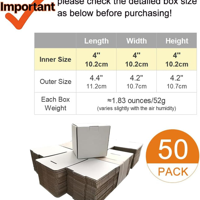50 Pack 4x4x4'' Small White Corrugated Shipping Boxes