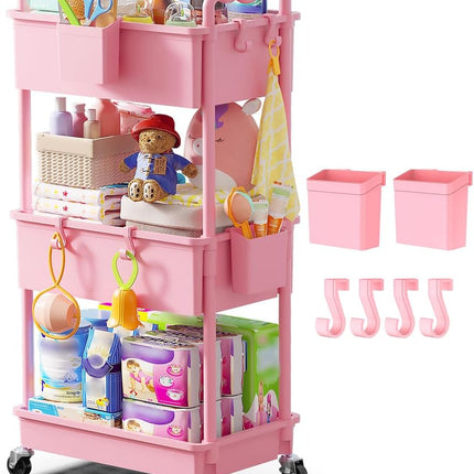 Goovilla Diaper Cart with Lockable Wheels and Easy Assembly, 3 Tier Pink Rolling Cart for Baby Nursery Storage, Sturdy Ample Diaper Caddy Organizer for Baby Girl, Boy, New Mom, Newborn Essentials