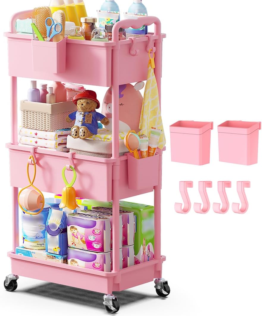 3-Tier Pink Rolling Diaper Cart with Lockable Wheels