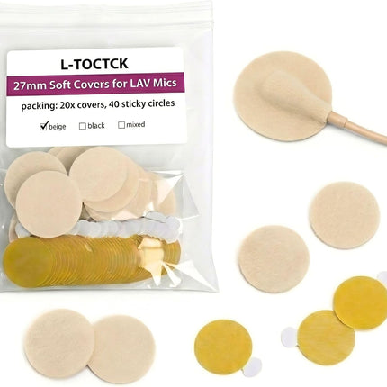 27mm Microphone Sound Shield, 20pcs Lavalier Mic Covers with 40 Adhesive Stickers, Wind Noise Reduction Mic Tape for Film, Interview, Video Recording (beige)