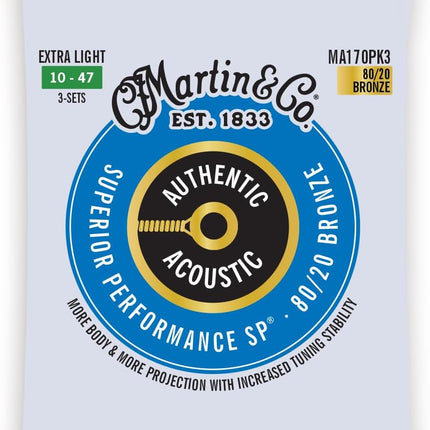 Martin Authentic Acoustic Guitar Strings, Superior Performance Extra Light 10-47 80/20 Bronze, 3 Pack