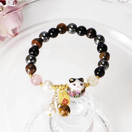 Lucky Cat Bracelet Feng Shui Good Luck Jewelry for Women, Wealth & Fortune Protection - Natural Gemstone Crystal Bracelets