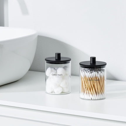 Dispensador de vidrio para hisopos de 10 oz, frasco transparente tipo botica, organizador para tocador de baño para hisopos, almohadillas, palillos de hilo dental y maquillaje (2 piezas, negro)