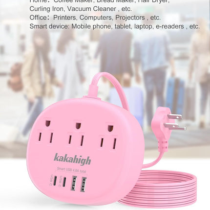 Pink Extension Cord with Surge Protected 1080J - 5 FT Kawaii Power Strip, 1625W Cute Extension Cord with 3 AC Outlet 4 USB (24W/4.8A), Compact for Cute Pink Kawaii Desk Home Essentials