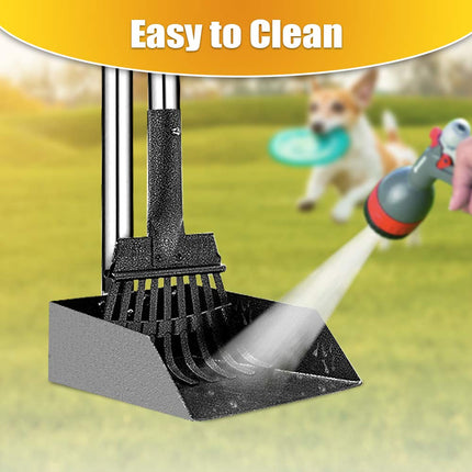 Recogedor para heces de perro con mango largo, bandeja de metal inoxidable y rastrillo para perros medianos y pequeños, suministros resistentes para usar en césped, tierra o grava