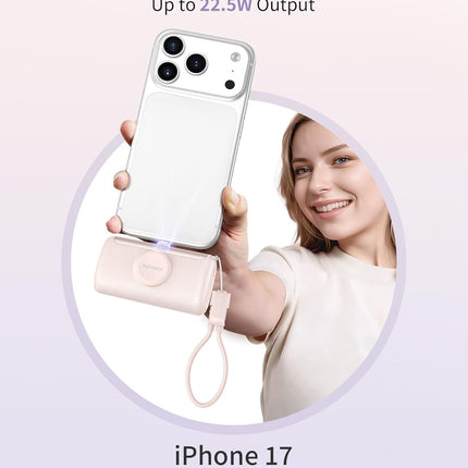 Portable Charger, 10000mAh PD 22.5W Fast Charging Mini Power Bank with Built-in USB C Connector, 3-in-1 Battery Pack for iPhone 17/16/15 Pro/Max, Apple Watch Ultra/11/10/SE, iPad, Pink