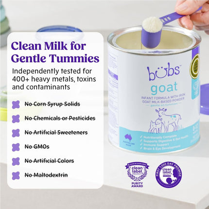 Bubs Whole Goat Milk Formula with Iron, Goat Milk-Based Powder, for Infants 0-12 Months, Made with Non-GMO Goat Milk, 20 oz