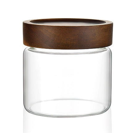 28 fl oz/850 ml Clear Glass Storage Canister with Airtight Wooden Screw Lid, Medium Cute Decorative Glass Container Jar for Coffee,Candy,Salt,Cookie,Condiment,Pepper,Sugar,Overnight Oatmeal