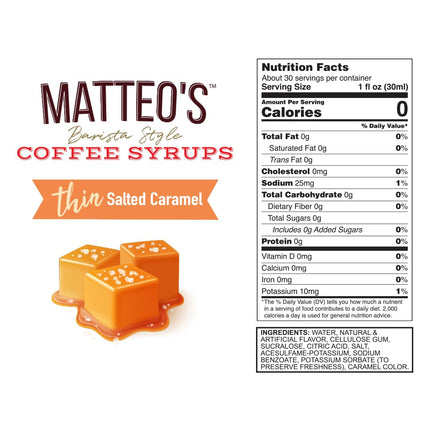 Matteo's Salted Caramel Syrup for Coffee, Lattes, Cappuccinos & Desserts – Sugar-Free Sweetener for Beverages, Keto Friendly, Zero Calories, Indulgent Flavor, Non-Alcoholic, 33.8oz (1pk)