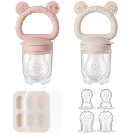 Alimentador de fruta de silicona para bebé 2 piezas con mini bandeja congeladora, moldes de paleta de leche materna para dentición infantil, mordedores de bebé, alimentador de comida fresca para alimentación autónoma segura del bebé - morado