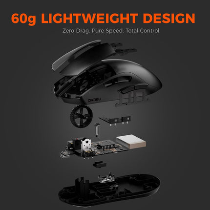 DAREU A950GM Wireless Gaming Mouse, 60g Lightweight, 26K DPI PAW3395 Optical Sensor, 2.4G/BT/Wired,Support 30-40min Fast Charge, 5 Programmable Buttons for PC/Laptop/Mac