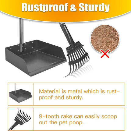 TOOGE Larger Pooper Scooper for Large Dogs, Dog Pooper Scooper for Large Medium Small Dogs Long Handle Stainless Metal Tray and Rake Set Heavy Duty