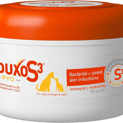 Douxo S3 Pyo Pads, Contains 3% Chlorhexidine & 0.5% Ophytrium, Antiseptic & Hydrating, For Bacterial or Yeast Skin Infections, For Dogs and Cats, 30 Pads