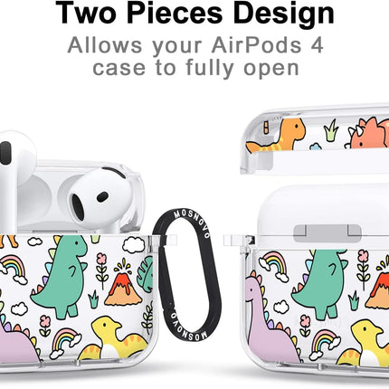 MOSNOVO Case for Airpods 4, Protective Clear Case with Shockproof Dual Layer Hard Luxe Metal Ring Designed for Airpods 4 Generation - Dinosaur Land