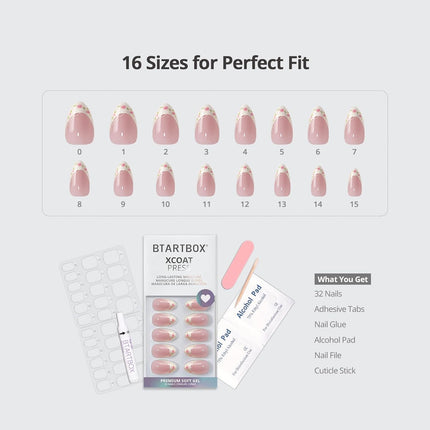 BTArtbox French Tip Press On Nails - Sunprint Dress, Lamp-Curable 4-Week Wear Pink Short Almond Press On Nails with Glue and Adhesive Tabs, Easy-to-Apply in 16 Sizes - 32 Nails All-in-One Kit