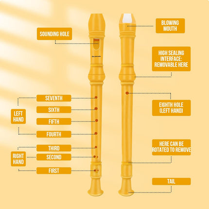 Recorder Instrument for Kids Toddler Beginners Students German Style C Key Soprano Recorder Instrument 8 Holes 3 Piece ABS Descant Recorders with Cleaning Kit, Packing Bag (Yellow)