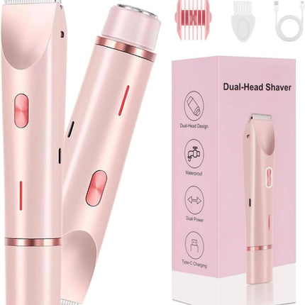 Bikini Trimmer for Women,2 in 1 Dual Head Bikini Shaver & Body Shaver,Cordless & Waterproof Electric Bikini Trimmer for Women, Painless Hair Removal with Silky Glow Finish,Pink3