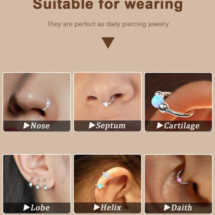 2 Pcs Small Cartilage Hoop Earrings for Women Men, 18G Opal Silver Earrings Hypoallergenic 316L Surgical Steel Hinge Huggie Hoop Earrings for Helix,Tragus,Conch,Rook,Earlobe Piercing Jewelry Nose Ring