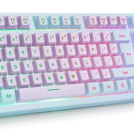 HUO JI Gaming Keyboard USB Wired with Rainbow LED Backlit, Floating Keys, Mechanical Feeling, Spill Resistant, Ergonomic for Xbox, PS Series, Desktop, Computer, PC, Purple Blue