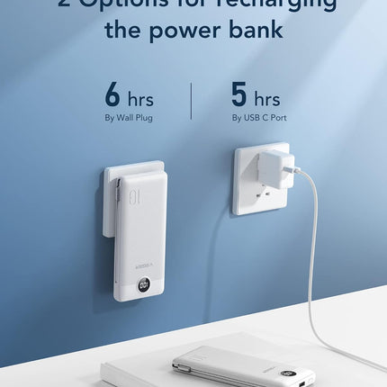 Portable Charger with Built-in AC Plug and Cables, All in One 10000mAh Ultra Slim Power Bank Travel Essentials, Fast Charging Battery Pack Compatible with iPhone, Samsung, Android (White)