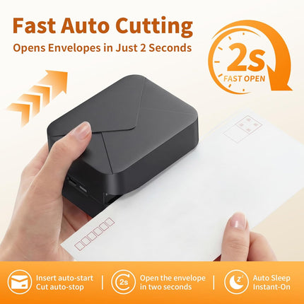 Black Rechargeable Electric Letter Opener – Automatic Envelope Slitter with Safe Hidden Blade, 1500 Cuts/Charge, Portable for Office & Home, Elderly Friendly, No Battery Needed